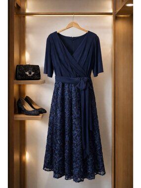 NWT Alex Evenings Tea Length Navy Floral Embellished Dress With Tie Waist 20W